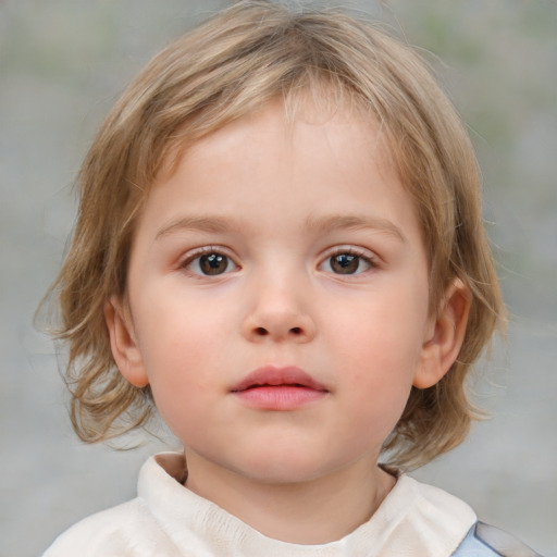 Neutral white child female with medium  brown hair and blue eyes