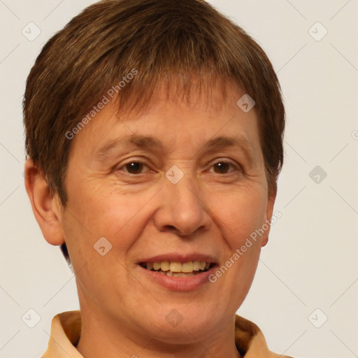 Joyful white adult female with short  brown hair and brown eyes