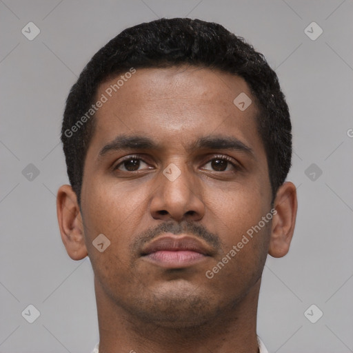 Neutral latino young-adult male with short  brown hair and brown eyes