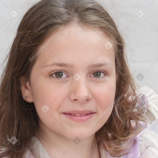 Joyful white child female with medium  brown hair and grey eyes