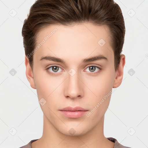 Neutral white young-adult male with short  brown hair and brown eyes