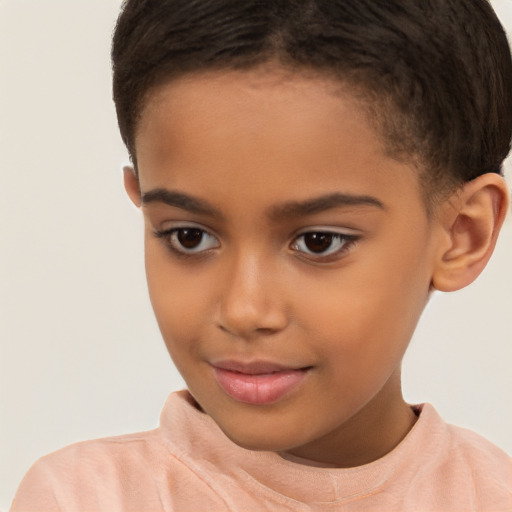 Joyful latino child female with short  brown hair and brown eyes