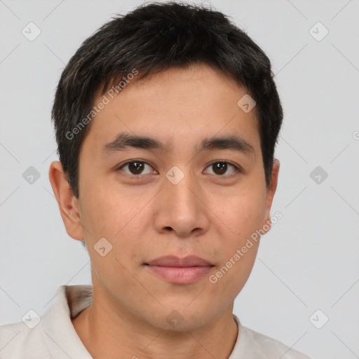 Neutral asian young-adult male with short  brown hair and brown eyes