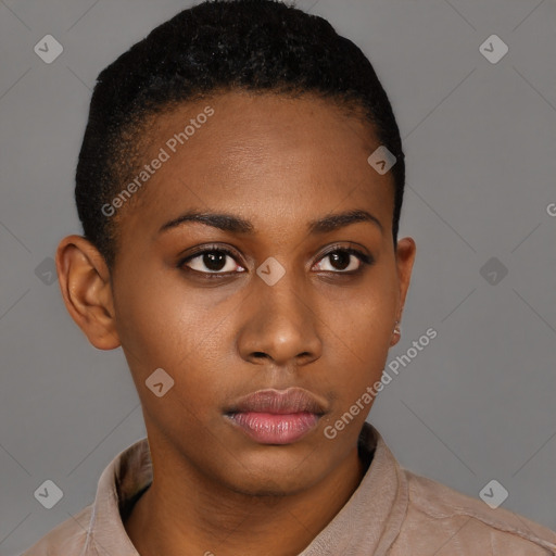 Neutral black young-adult female with short  brown hair and brown eyes