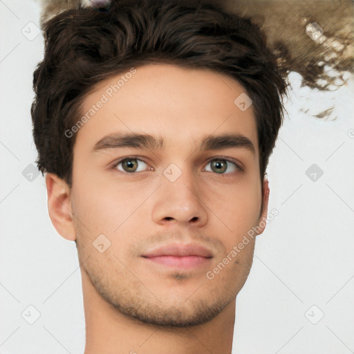 Neutral white young-adult male with short  brown hair and brown eyes