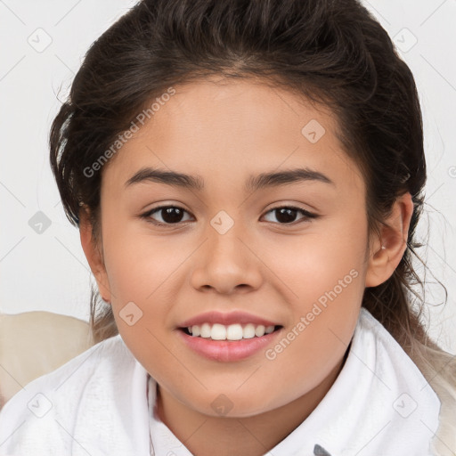 Joyful white child female with medium  brown hair and brown eyes