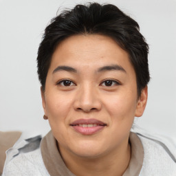 Joyful asian young-adult female with short  brown hair and brown eyes