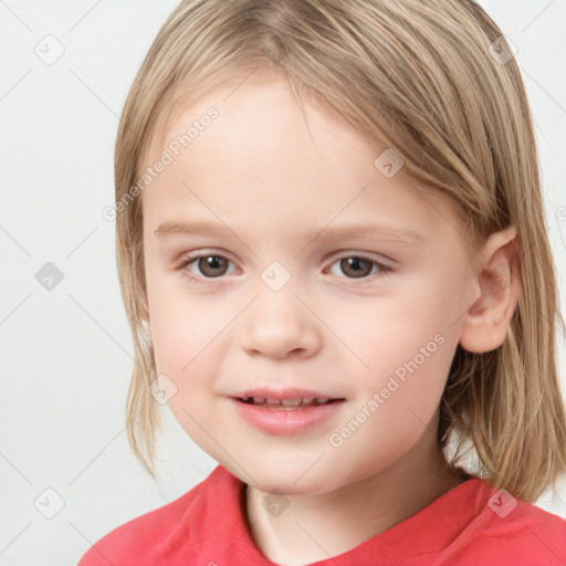 Joyful white child female with medium  brown hair and grey eyes