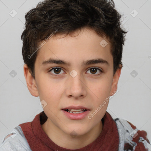 Joyful white child male with short  brown hair and brown eyes