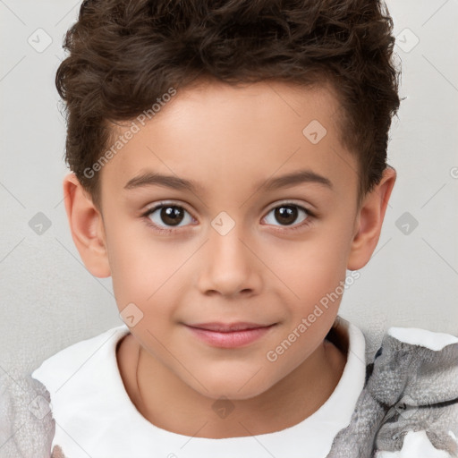 Joyful white child female with short  brown hair and brown eyes