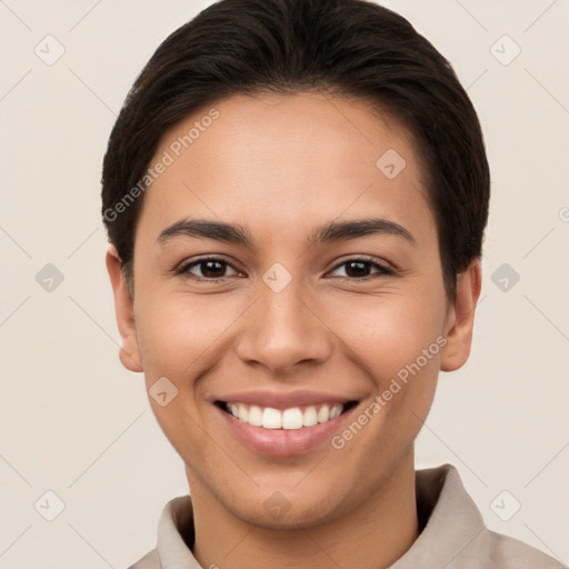 Joyful white young-adult female with short  brown hair and brown eyes