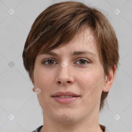 Joyful white young-adult female with medium  brown hair and grey eyes