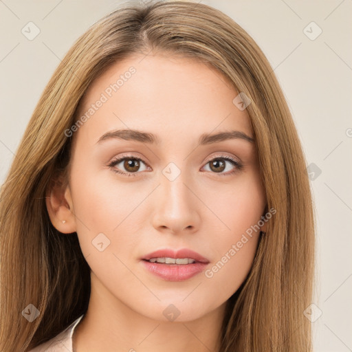 Neutral white young-adult female with long  brown hair and brown eyes