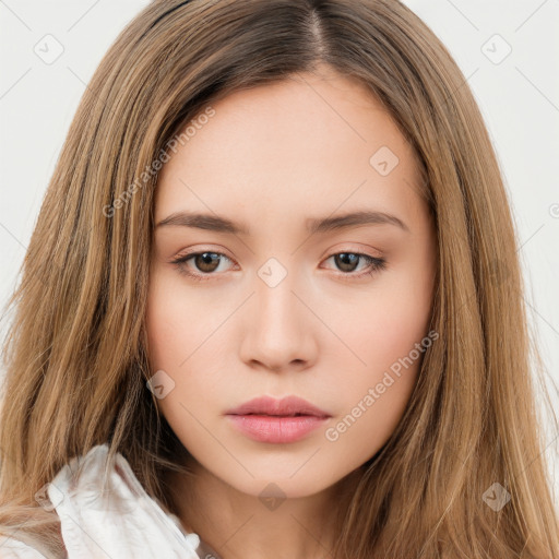 Neutral white young-adult female with long  brown hair and brown eyes