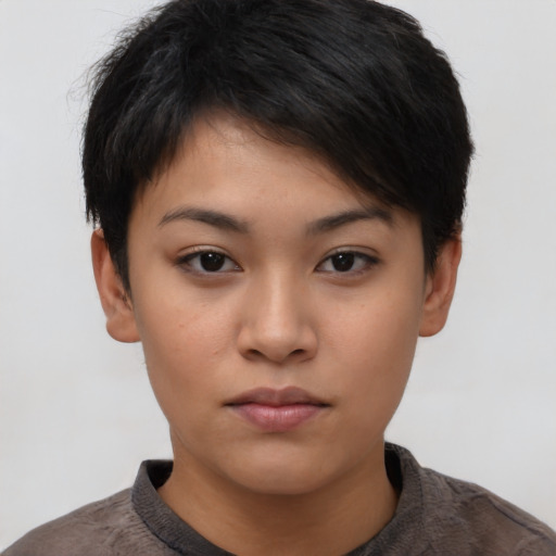 Neutral asian young-adult female with short  brown hair and brown eyes