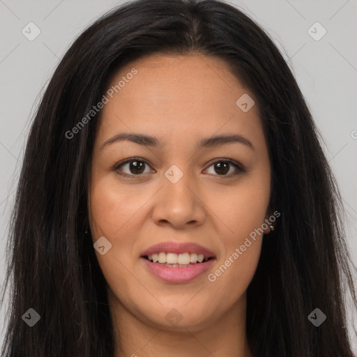 Joyful latino young-adult female with long  brown hair and brown eyes