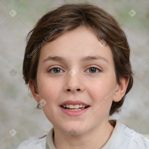 Joyful white child female with medium  brown hair and brown eyes