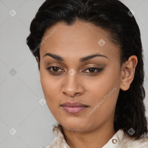 Joyful latino young-adult female with medium  black hair and brown eyes