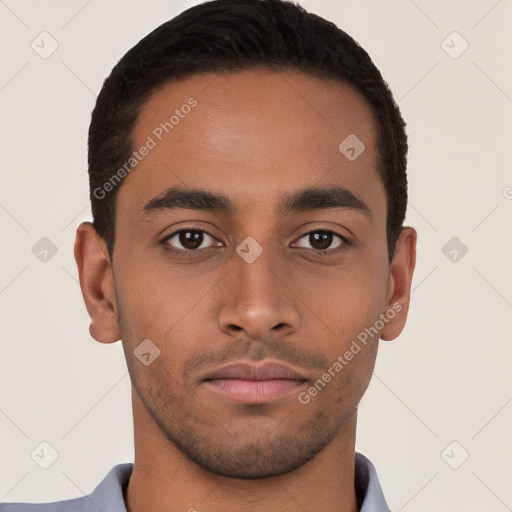 Neutral latino young-adult male with short  black hair and brown eyes