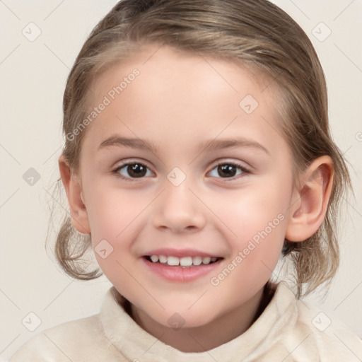 Joyful white child female with medium  brown hair and brown eyes