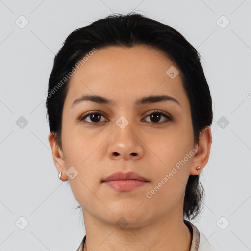 Neutral asian young-adult female with medium  black hair and brown eyes