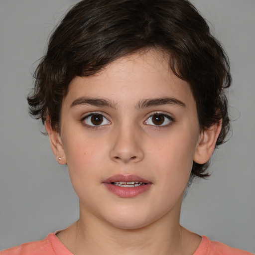 Joyful white child female with medium  brown hair and brown eyes