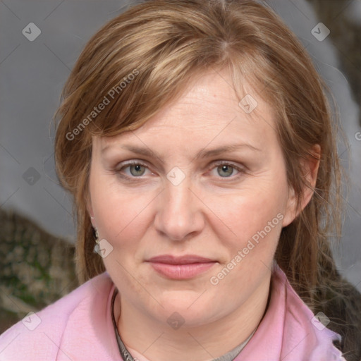 Joyful white young-adult female with medium  brown hair and blue eyes