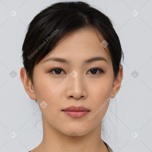 Neutral asian young-adult female with medium  brown hair and brown eyes