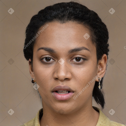 Neutral latino young-adult female with short  black hair and brown eyes