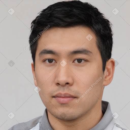 Neutral asian young-adult male with short  black hair and brown eyes