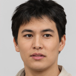 Neutral asian young-adult male with short  black hair and brown eyes