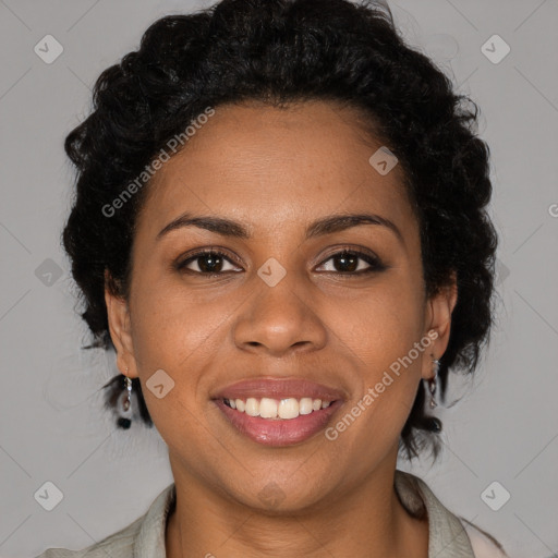 Joyful black young-adult female with medium  black hair and brown eyes