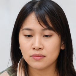 Neutral asian young-adult female with long  brown hair and brown eyes