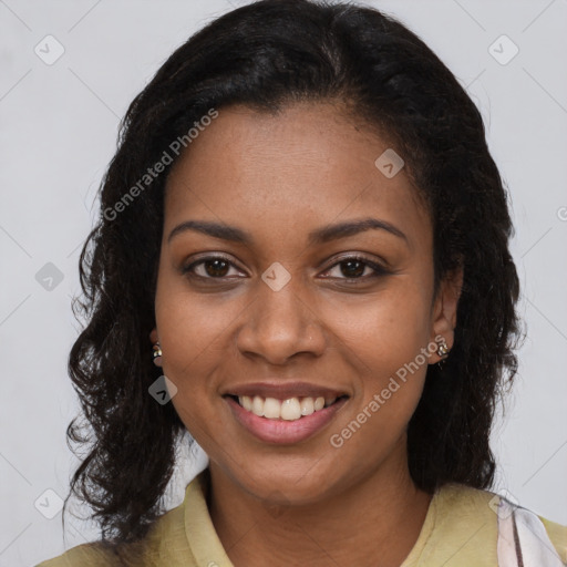 Joyful black young-adult female with medium  brown hair and brown eyes