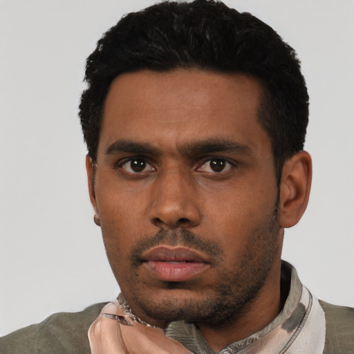 Neutral latino young-adult male with short  black hair and brown eyes