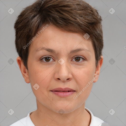 Joyful white young-adult female with short  brown hair and brown eyes