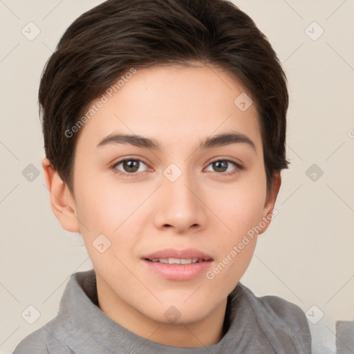 Neutral white young-adult female with short  brown hair and brown eyes