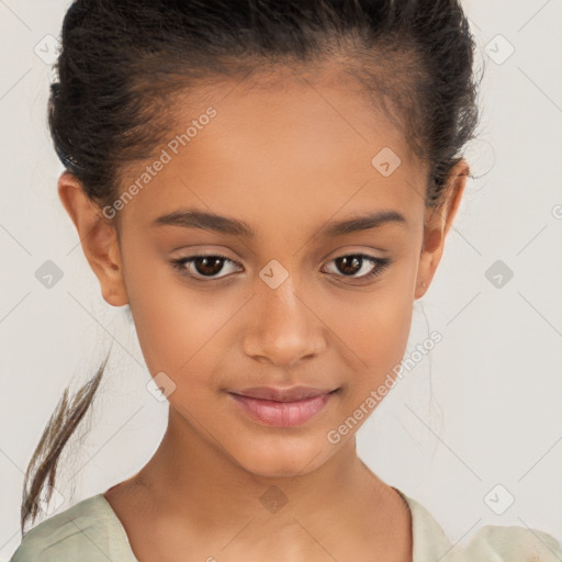 Joyful white child female with medium  brown hair and brown eyes