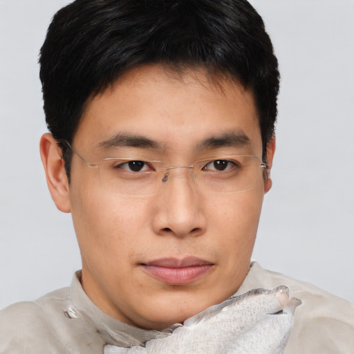 Neutral asian young-adult male with short  brown hair and brown eyes