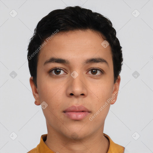 Neutral asian young-adult male with short  black hair and brown eyes