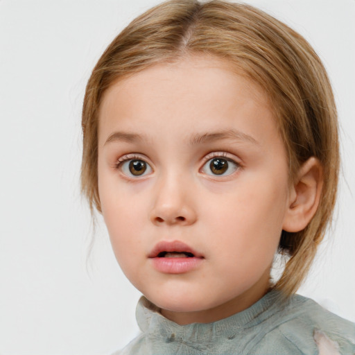 Neutral white child female with medium  brown hair and blue eyes