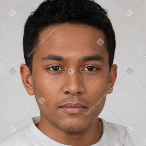 Neutral latino young-adult male with short  brown hair and brown eyes