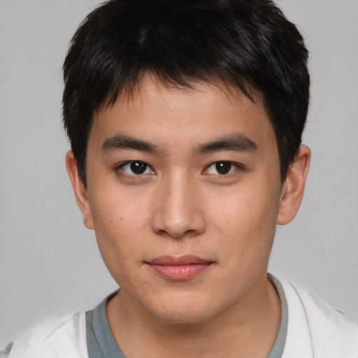 Neutral asian young-adult male with short  brown hair and brown eyes