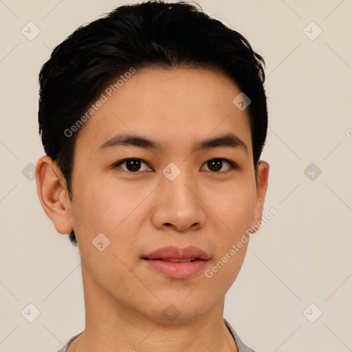 Neutral asian young-adult male with short  black hair and brown eyes