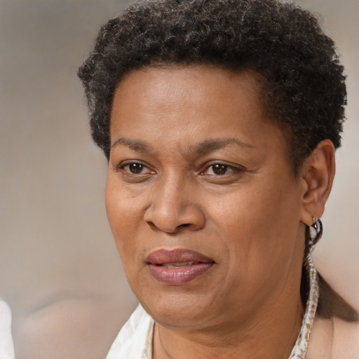 Joyful black adult female with short  brown hair and brown eyes