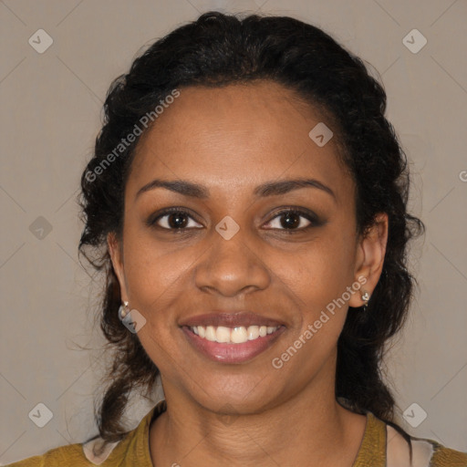 Joyful black young-adult female with medium  black hair and brown eyes