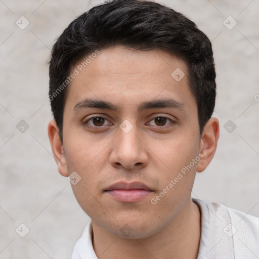 Neutral white young-adult male with short  brown hair and brown eyes