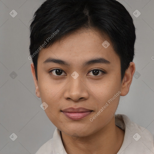 Joyful asian young-adult female with short  black hair and brown eyes