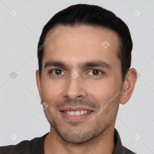 Joyful white young-adult male with short  brown hair and brown eyes