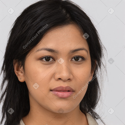 Joyful asian young-adult female with long  brown hair and brown eyes